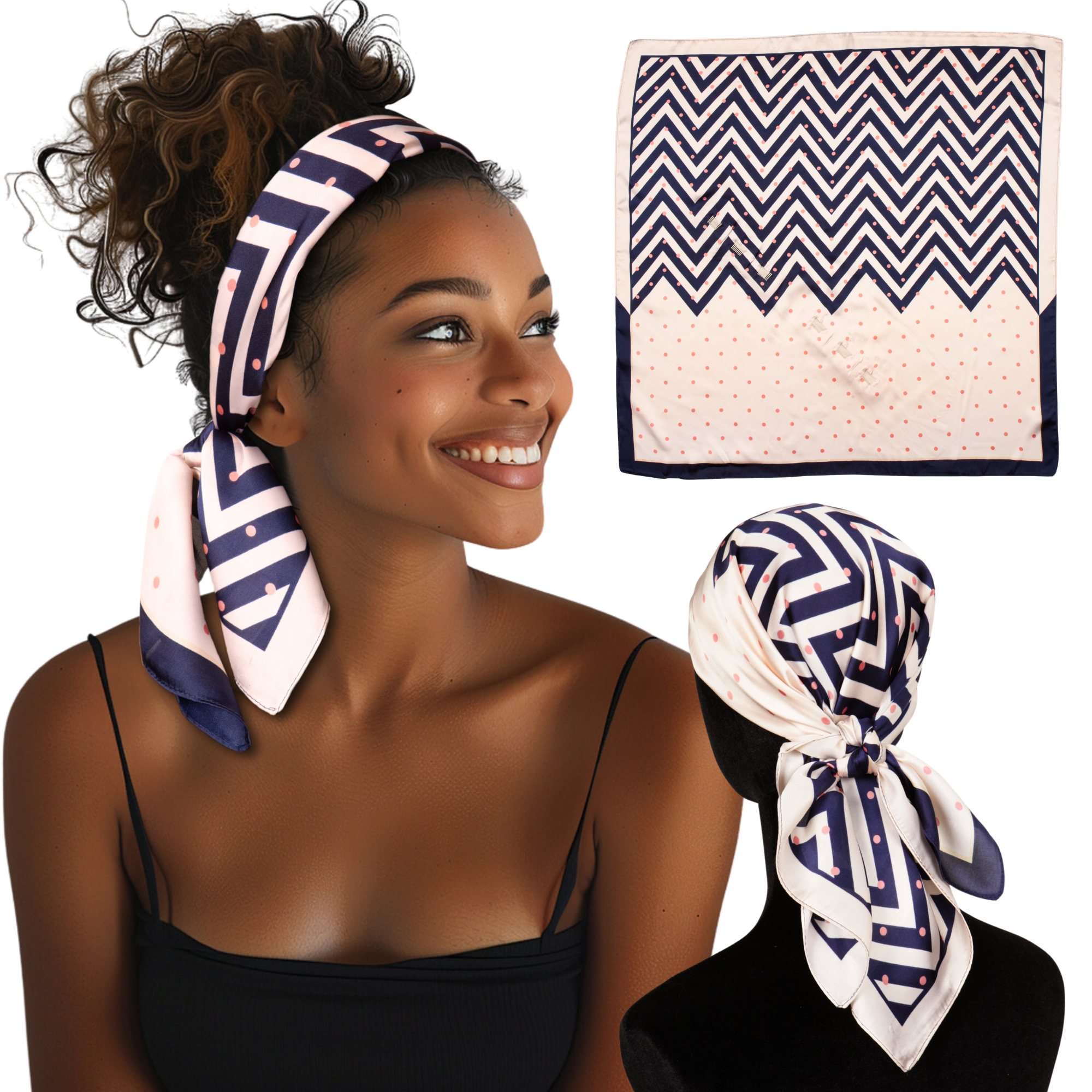 Small Satin Non-Slip Scarf Headband - Navy ZigZag | SWAY display picture 1