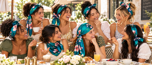 Eight women wearing the SWAY large satin headband styled eight different ways