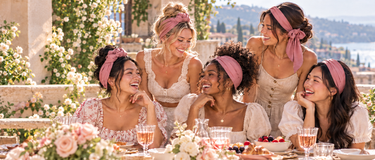 Five women wearing the SWAY long stretch non-slip headband styled five different ways