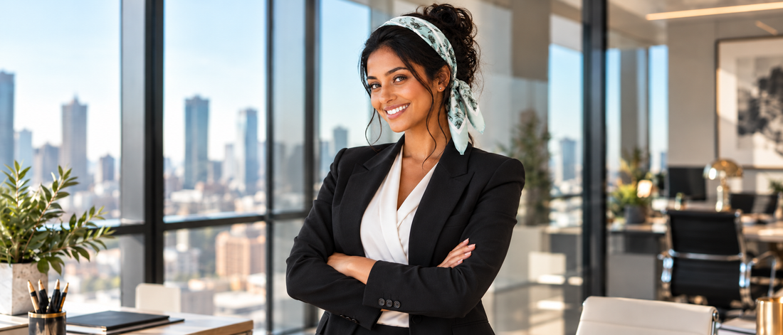 Women confidently stands in an office wearing a satin headband