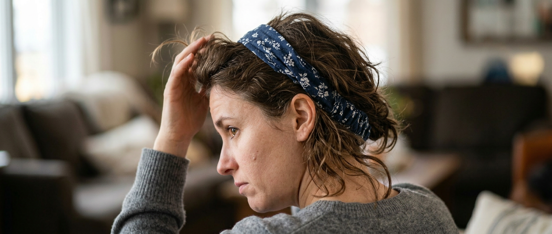 Woman adjusting a headband that is slipping 