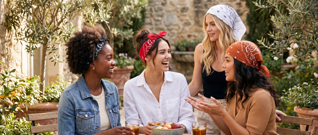 Woman wearing a SWAY cotton bandana as a non-slip headband