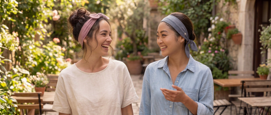 Two woman walking into an beautiful outdoor setting wearing headbands