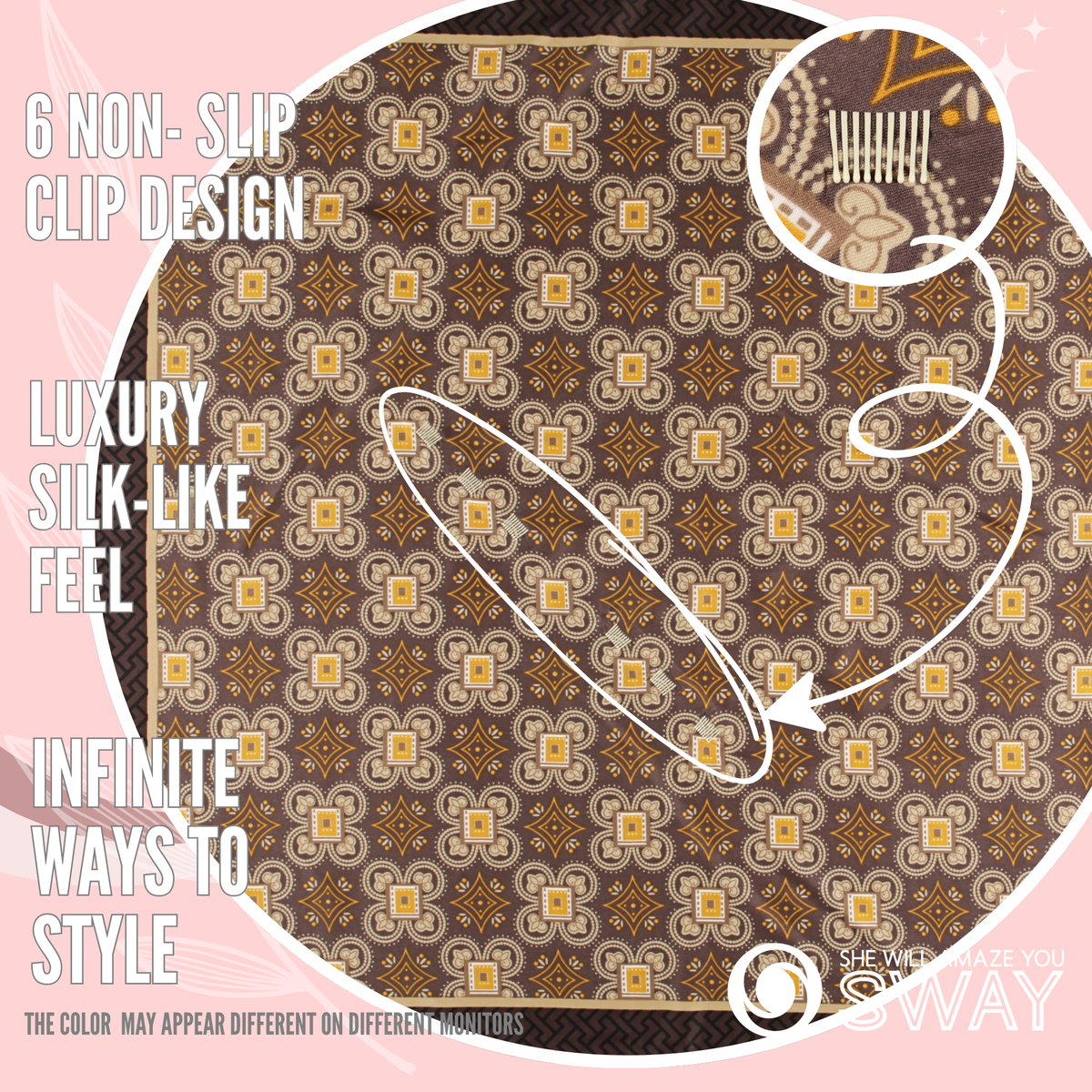 Close-up of Monaco Brown twill satin scarf headband showing SWAY's patented built-in non-slip clips