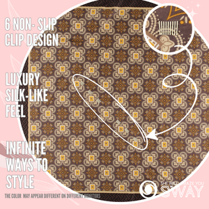 Close-up of Monaco Brown twill satin scarf headband showing SWAY's patented built-in non-slip clips