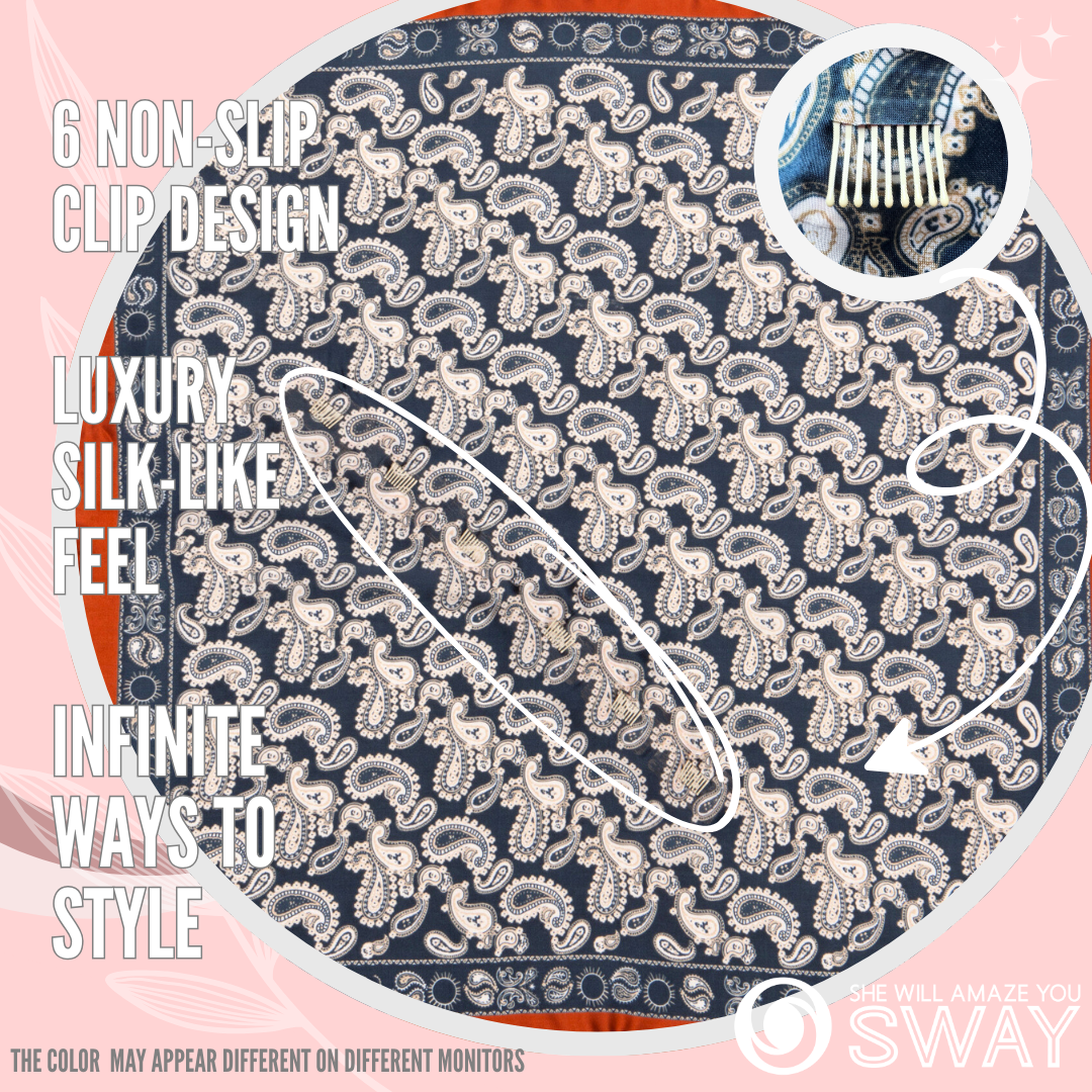 Paisley Navy & Rust design scarf laid flat with 6 clips