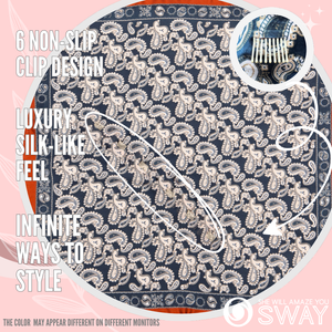 Paisley Navy & Rust design scarf laid flat with 6 clips