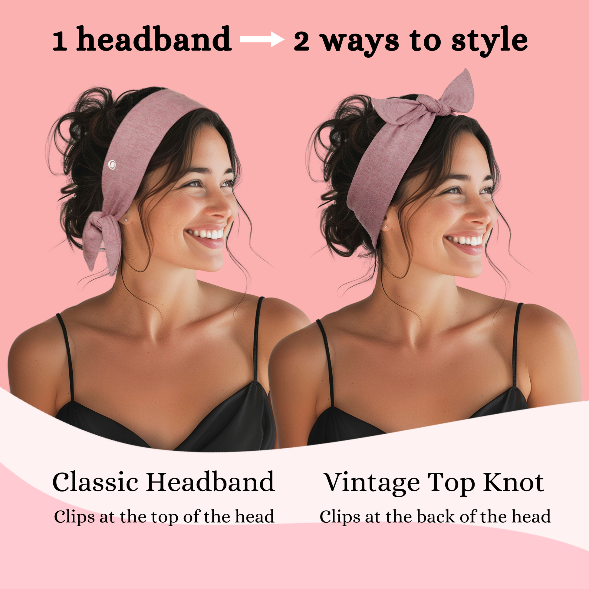 A woman wearing the same SWAY headband in different ways