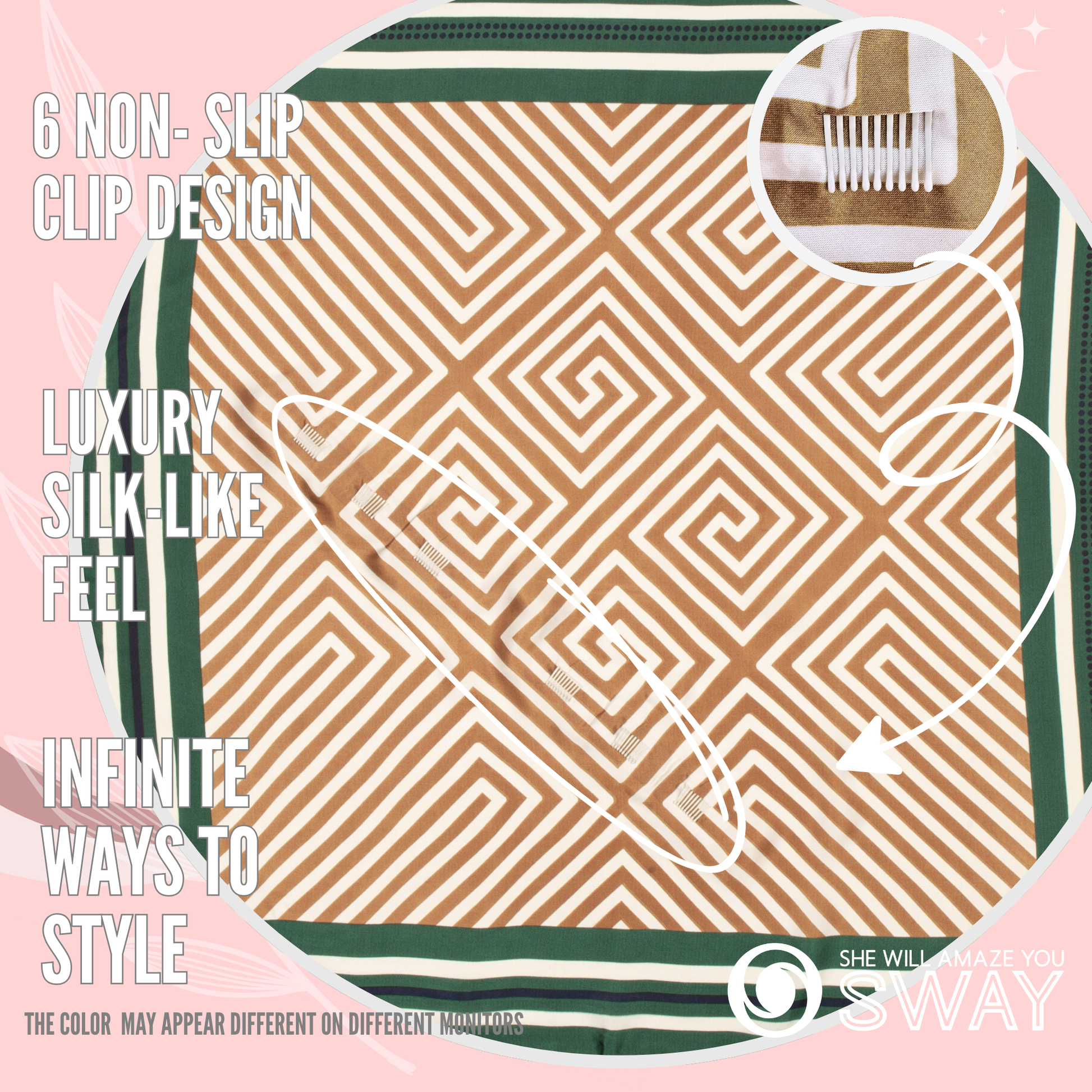 Gold & green geometric pattern satin scarf laid flat with clips