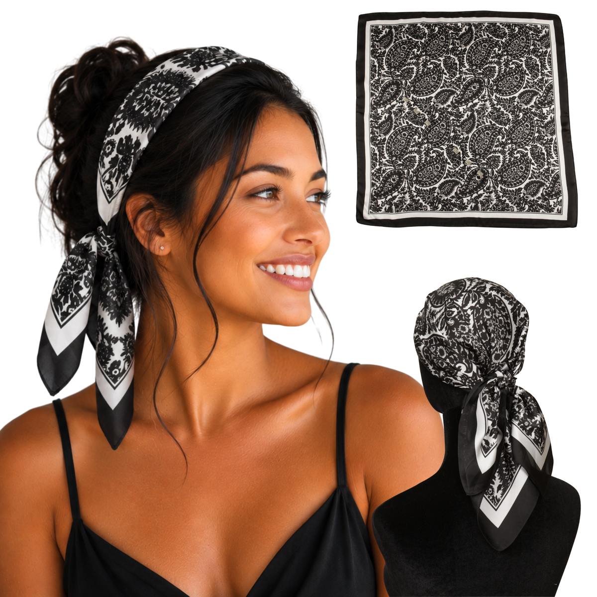 Woman wearing Vienna Black paisley satin scarf headband, shown flat and tied from the back