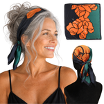 Woman wearing Capri Orange floral satin scarf headband, shown flat and tied from the back