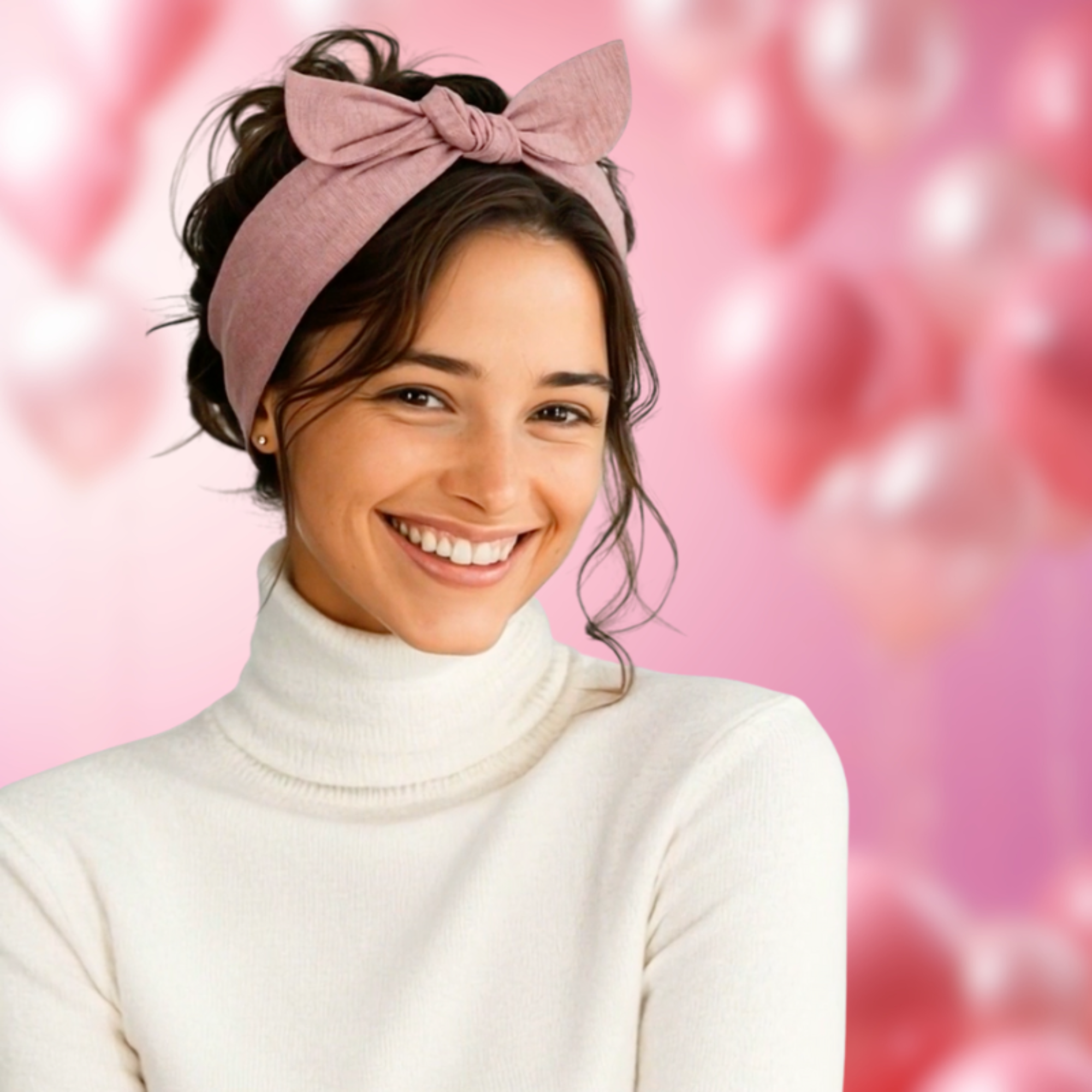 Woman wearing a pink headband tied at the top in a bow.
