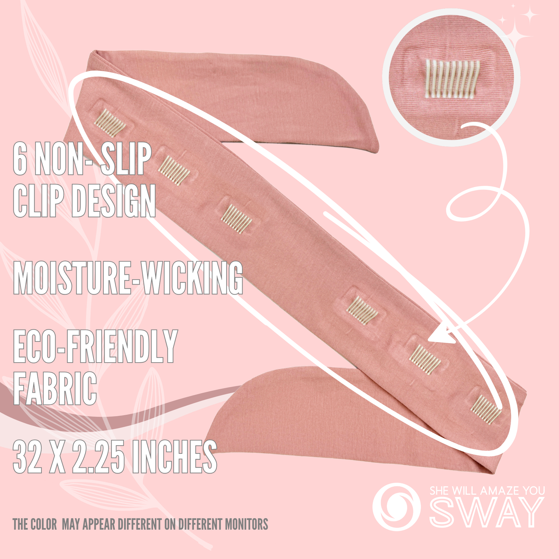 Blush Pink Short Stretch Headband Laid Flat Non-slip clip details