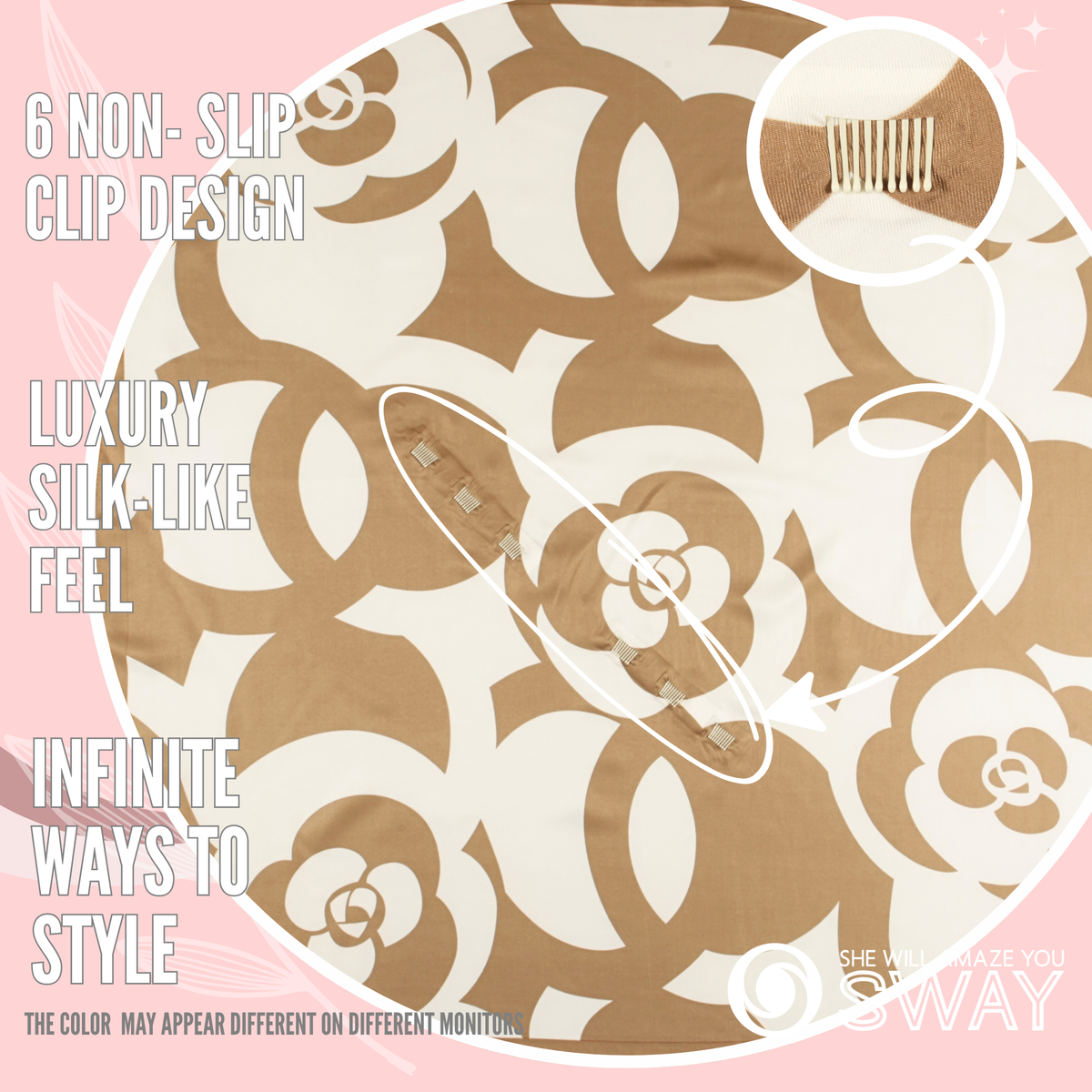 Close-up of Harlow Camel twill satin scarf headband showing SWAY’s patented built-in non-slip clips