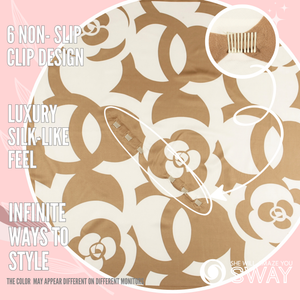 Close-up of Harlow Camel twill satin scarf headband showing SWAY’s patented built-in non-slip clips