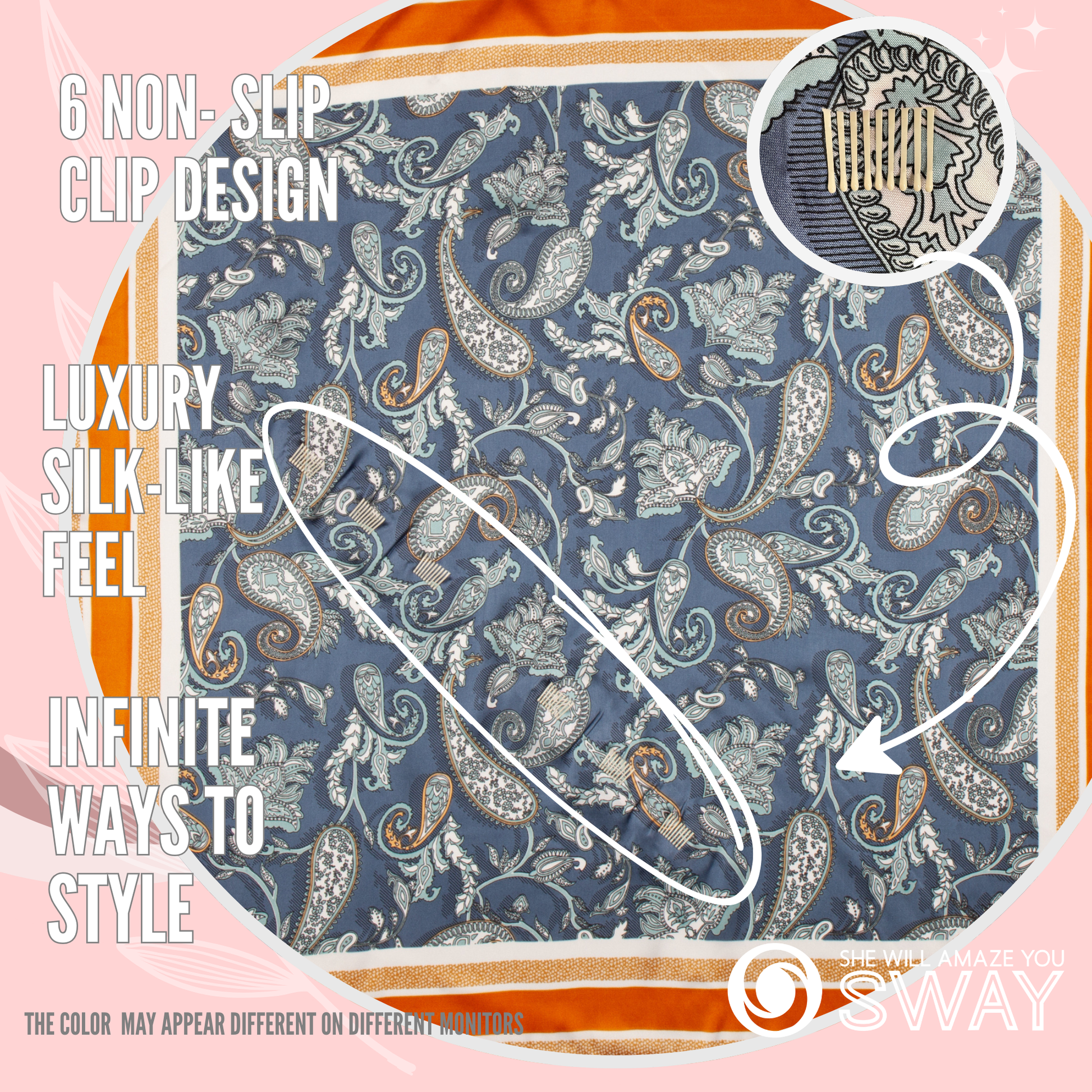 Blue & orange paisley satin scarf headband laid flat