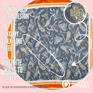 Blue & orange paisley satin scarf headband laid flat