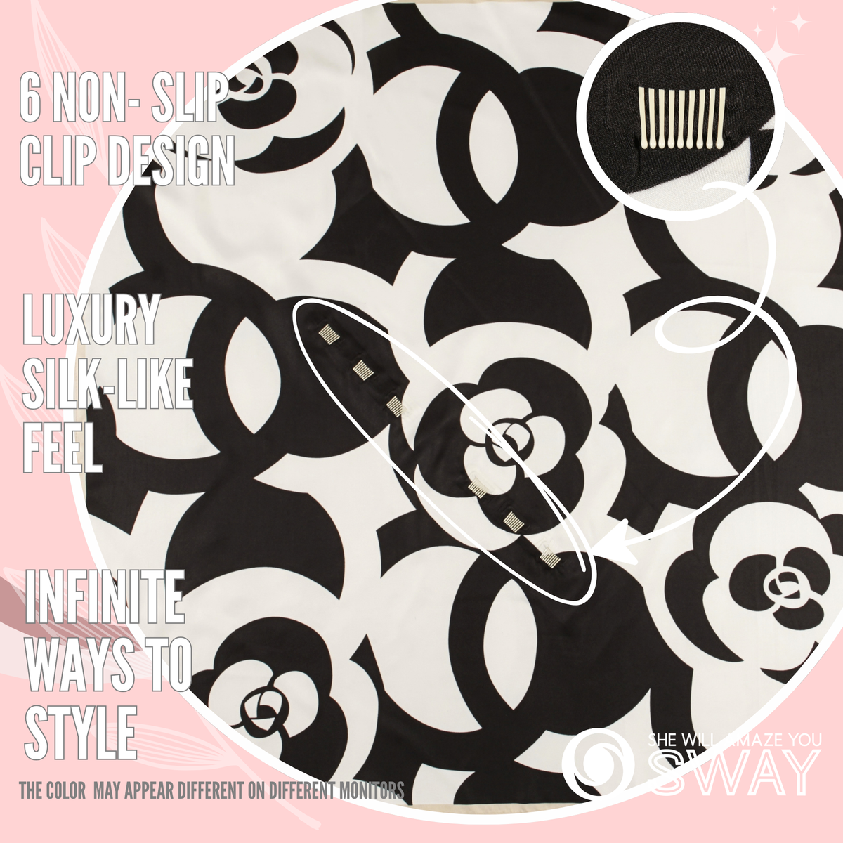 Close-up of Harlow Black twill satin scarf headband showing SWAY’s patented built-in non-slip clips