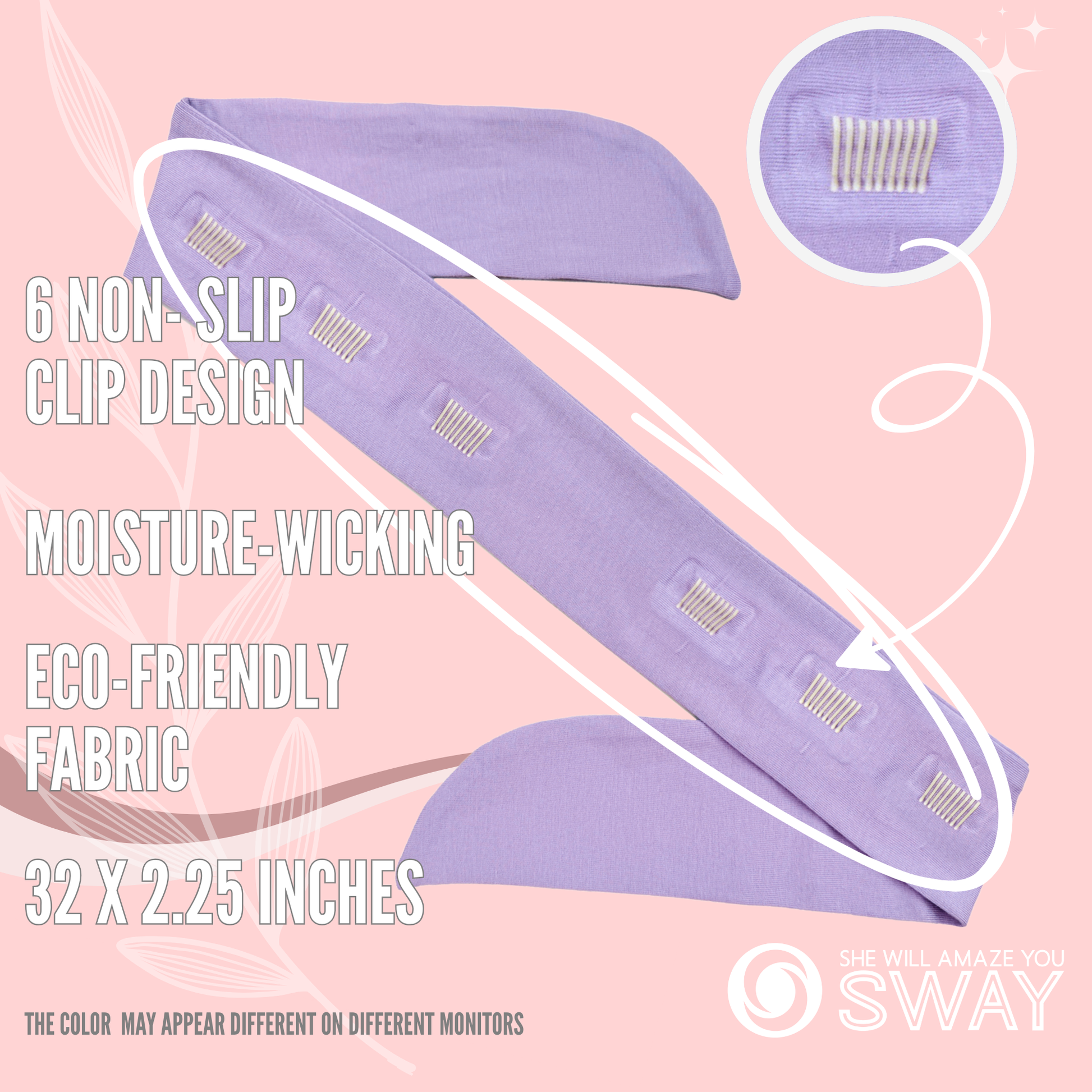 Purple SWAY Headband laid flat to show six clips 