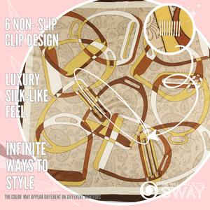 Close-up of Equestrian Tan twill satin scarf headband showing SWAY’s patented built-in non-slip clips