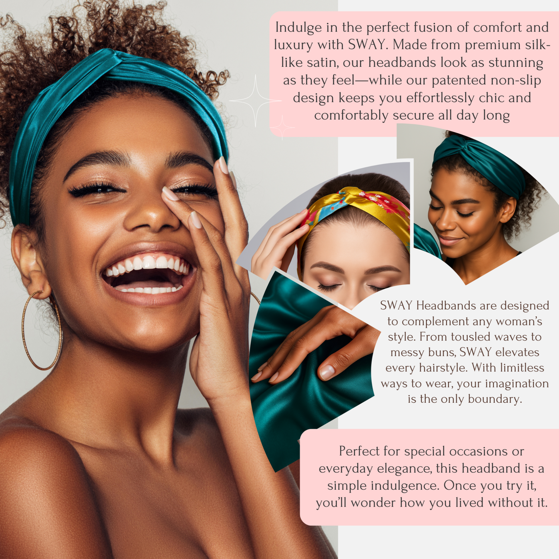 Woman wearing a teal headband with product description text overlay