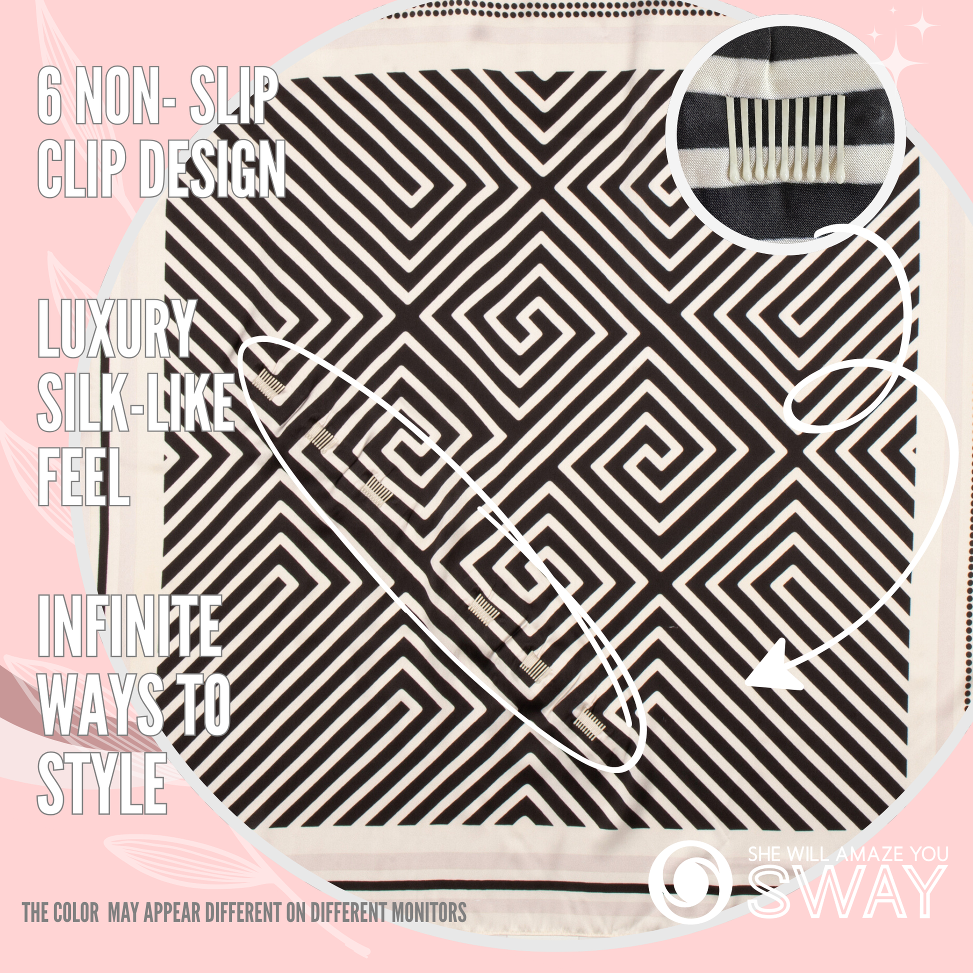 Black & white geometric patterned head scarf laid flat 