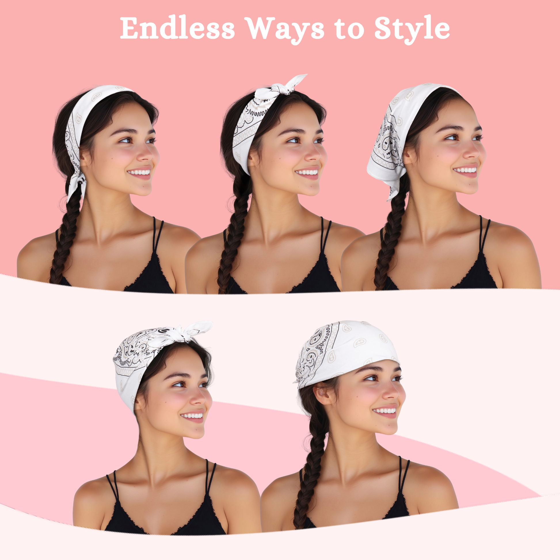 Woman wearing a non-slip cotton bandana in various styles 