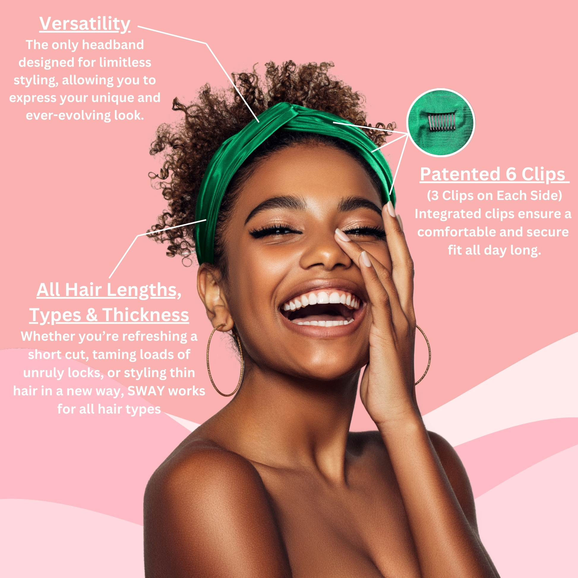 Woman wearing a satin non-slip headband with text highlighting its features