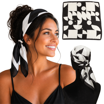 Woman wearing Berlin Black geometric satin scarf headband, shown flat and tied from the back