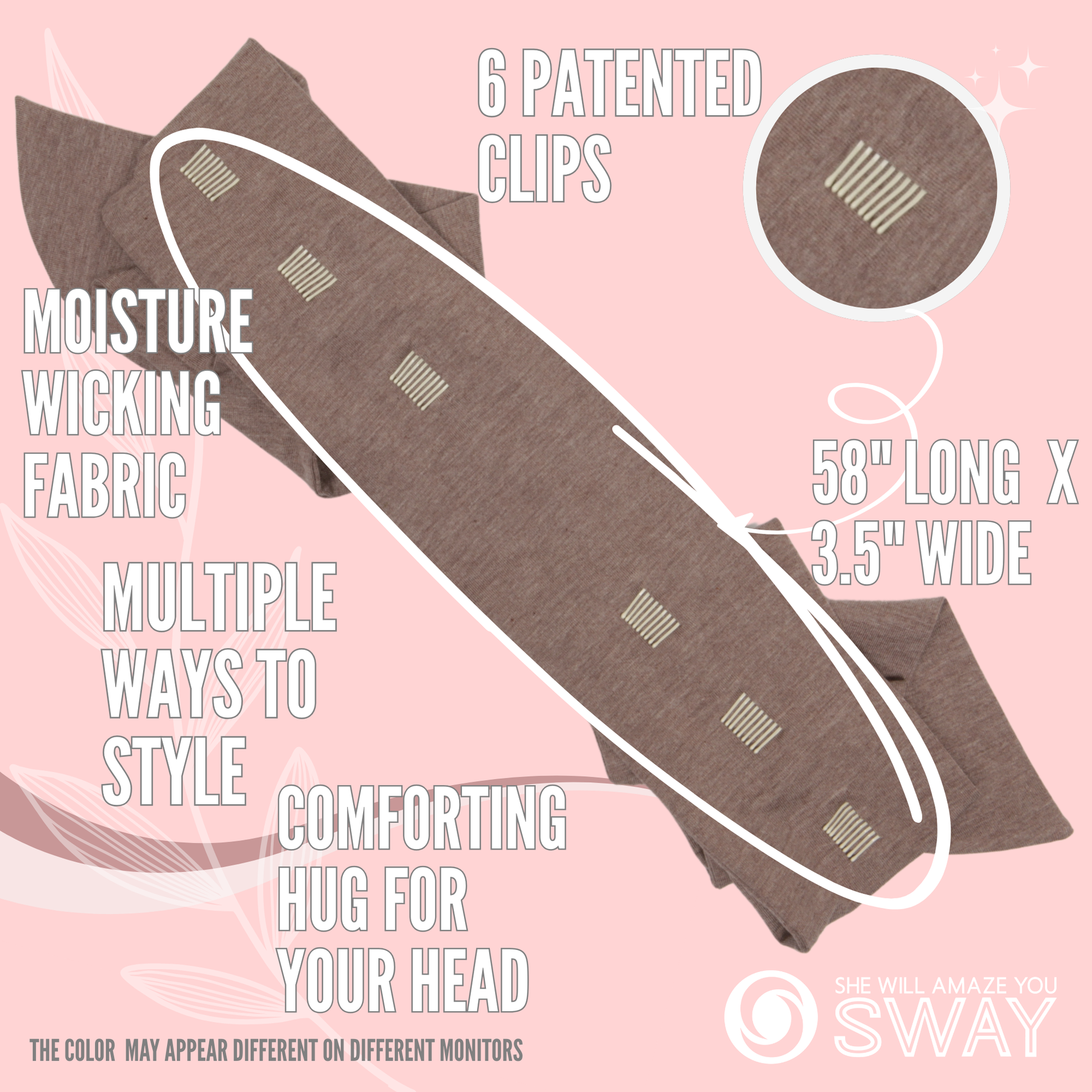 SWAY brown long stretch headband with clips showing laid flat 