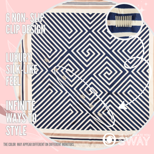 Navy blue geometric pattern satin headband laid flat