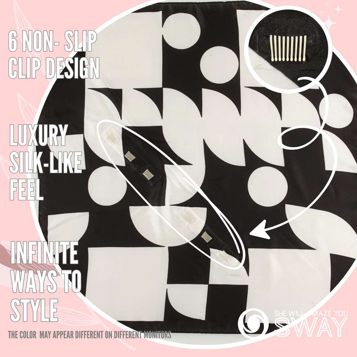 Berlin Black satin scarf headband laid flat with a close-up of SWAY’s patented non-slip clip