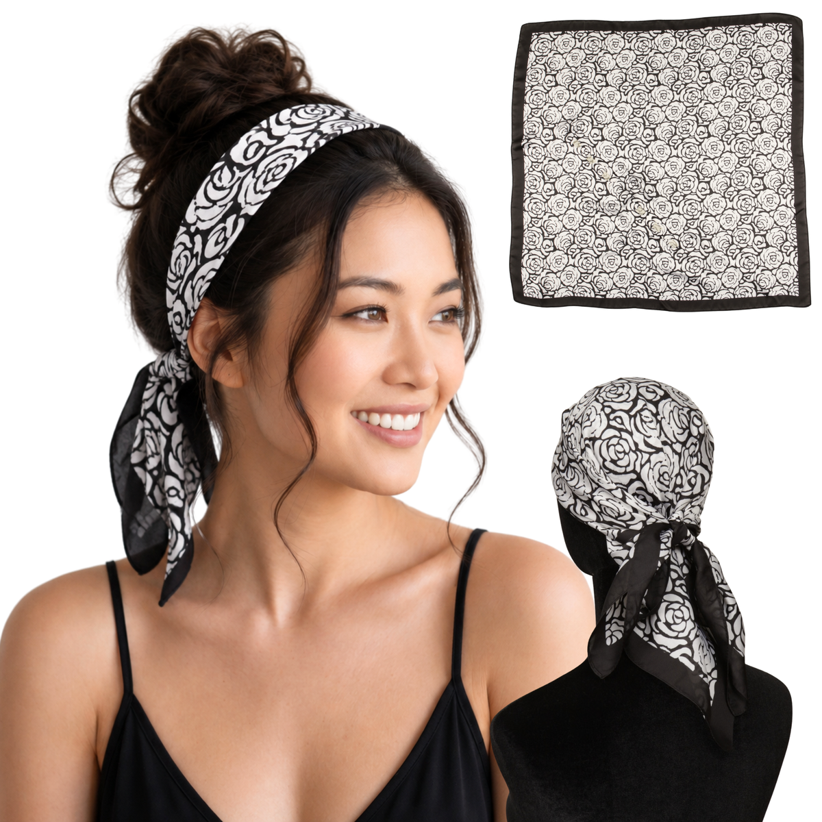 Woman wearing Milano Black rose print satin scarf headband, shown flat and tied from the back