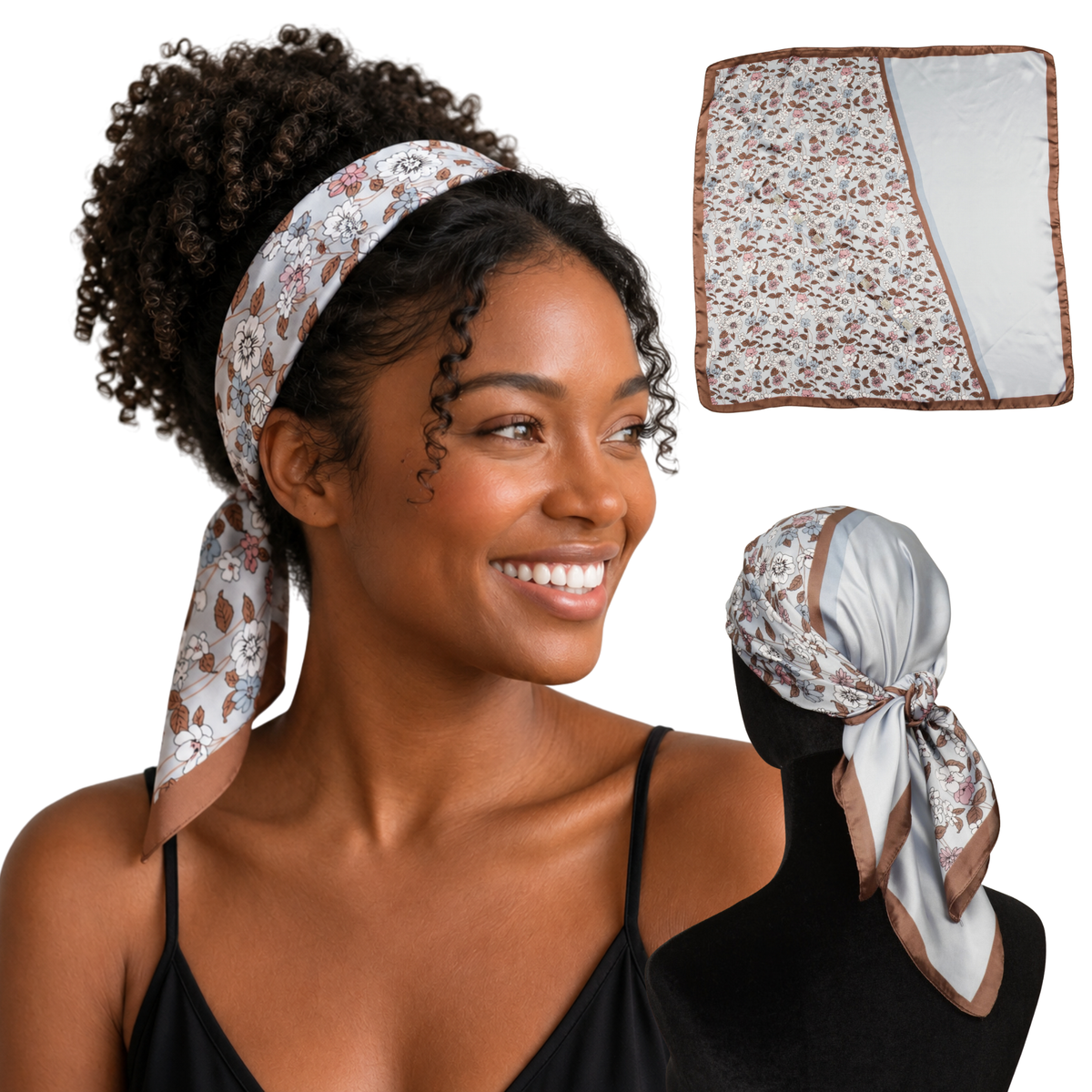 Woman wearing Florence Blue powder blue floral satin scarf headband, shown flat and tied from the back