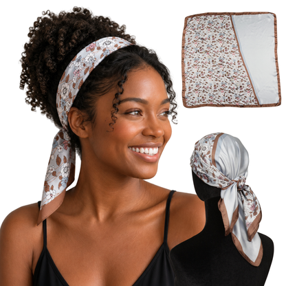 Woman wearing Florence Blue powder blue floral satin scarf headband, shown flat and tied from the back