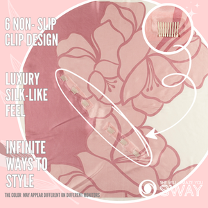 Capri Blush satin scarf headband laid flat with a close-up of SWAY’s patented non-slip clip