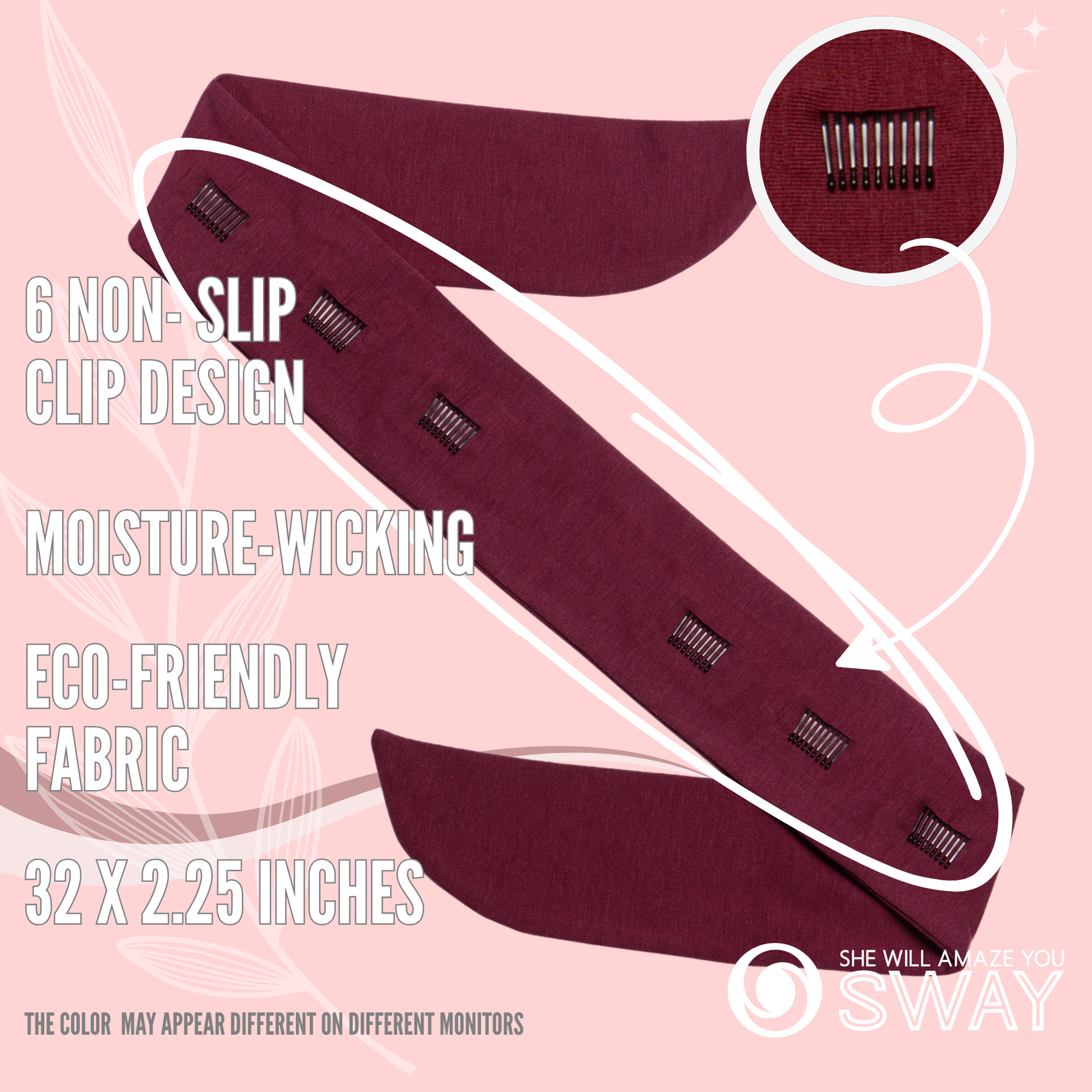 Maroon Short Stretch Headband laid flat to show non-slip clips