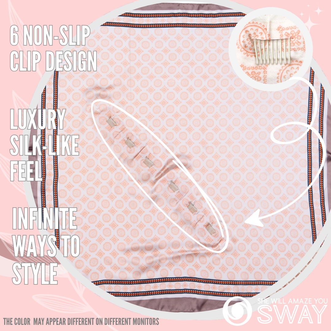 Peach circle & square design silky scarf laid flat to show design 