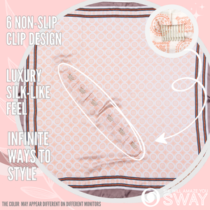 Peach circle & square design silky scarf laid flat to show design 