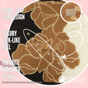 Capri Bronze satin scarf headband laid flat with a close-up of SWAY’s patented non-slip clip