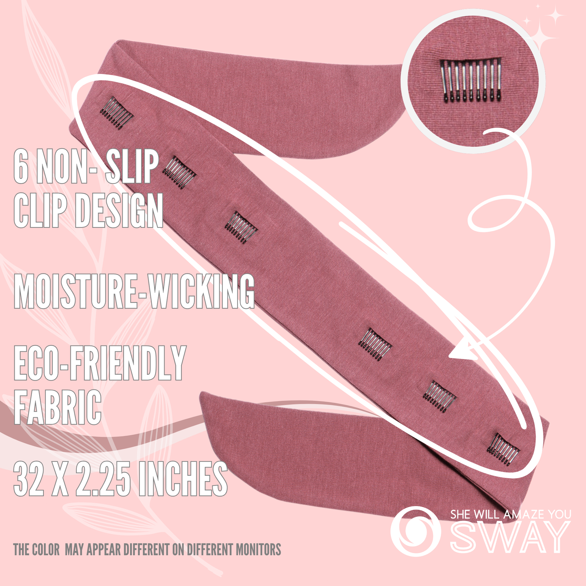 Mauve Headband laid flat with non-slip clips showing 