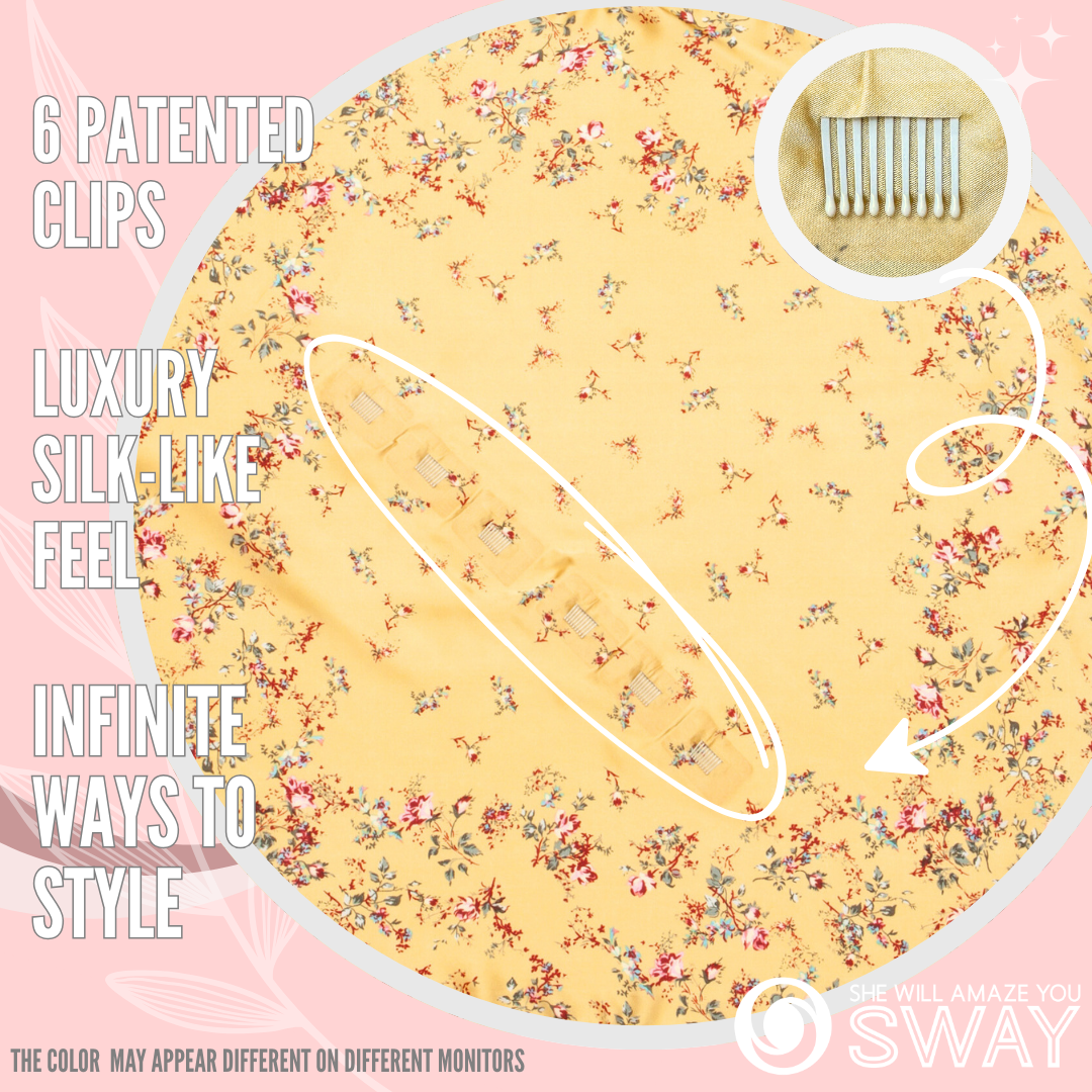 Small roses on yellow scarf laid flat showing non-slip clips 