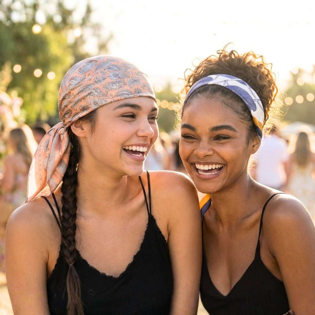Two women smiling and laughing outdoors at sunset, wearing patterned headwraps and headbands.