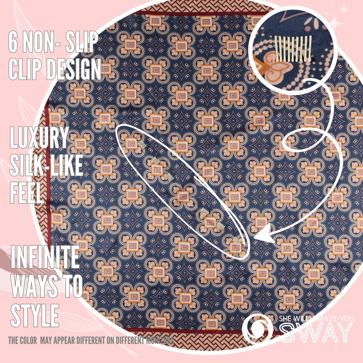 Close-up of Monaco Blue twill satin scarf headband showing SWAY's patented built-in non-slip clips