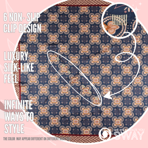 Close-up of Monaco Blue twill satin scarf headband showing SWAY's patented built-in non-slip clips