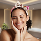 Environmental picture of a model with a non-slip small satin headband scarf smiling with eyes closed in a spa setting