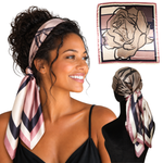 Woman wearing Verona Purple satin scarf headband with non-slip clips, shown flat and from the back