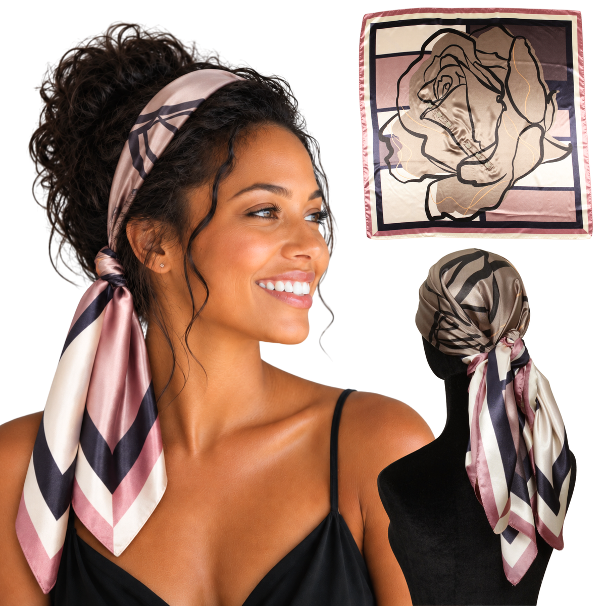 Woman wearing Verona Purple satin scarf headband with non-slip clips, shown flat and from the back