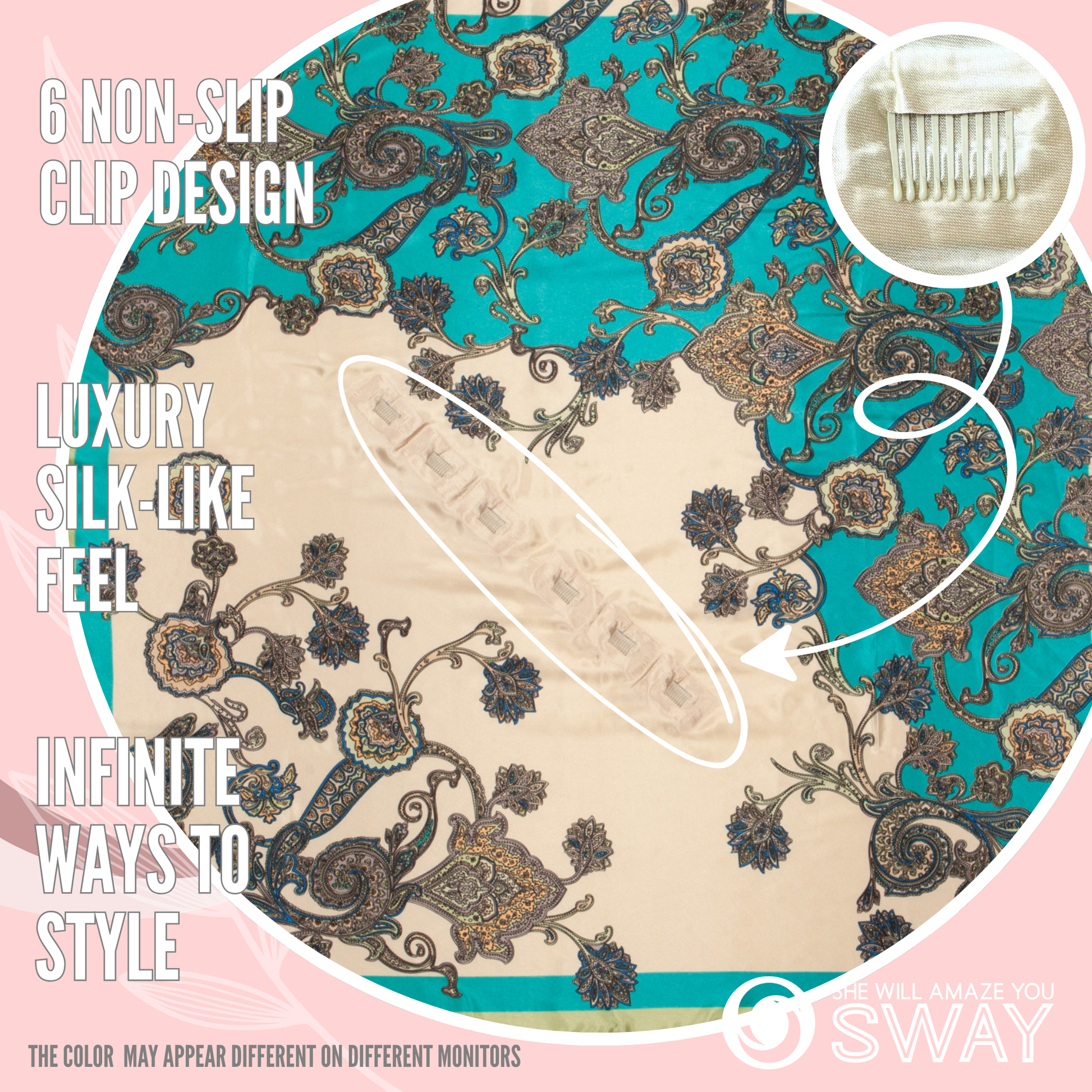 Turquoise, Champagne and green floral design non- slip headband flat