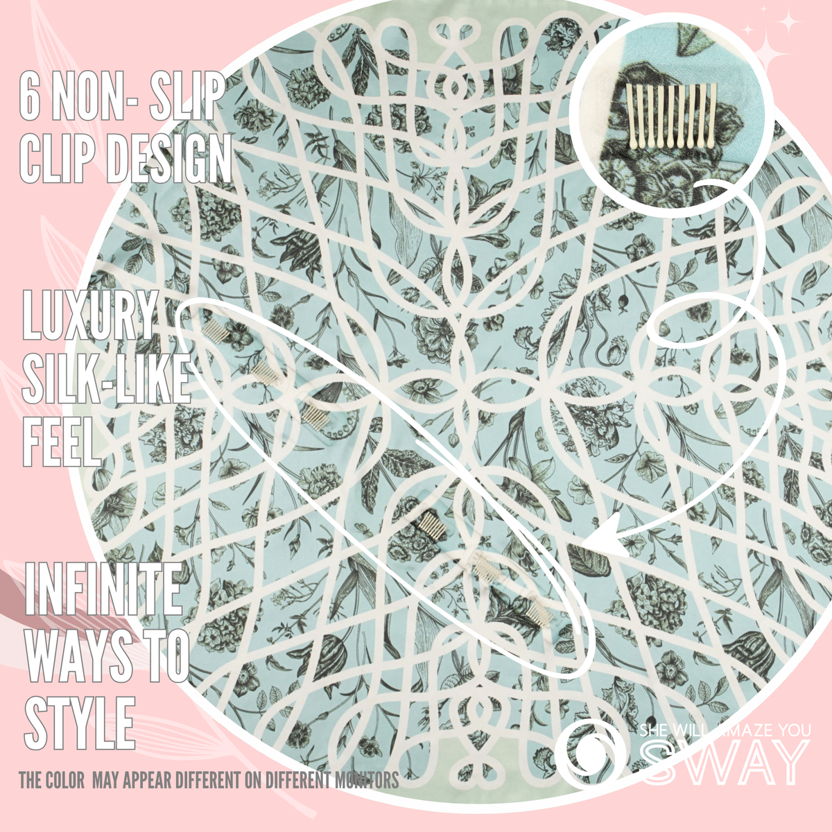 Versailles Aqua satin scarf headband laid flat with a close-up of SWAY’s patented non-slip clip